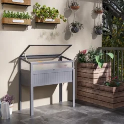 Outsunny Raised Wood Cold Frame Greenhouse, Elevated Planter & Plant Protection Box, 2-IN-1 For Flowers, Vegetables, Herbs, Gray