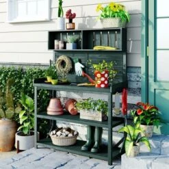 65" Wood Outdoor Potting Bench, 3-Tier Garden Shed Storage Shelves, Flower Display Rack Plant Stand Workstation-The Pop Home
