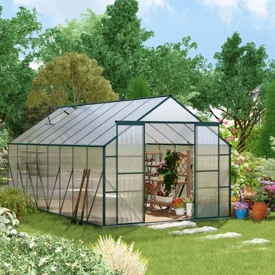 Outsunny Aluminum Greenhouse Polycarbonate Walk-in Garden Greenhouse Kit With Adjustable Roof Vent, Rain Gutter And Sliding Door 1 Outsunny Aluminum Greenhouse Polycarbonate Walk-in Garden Greenhouse Kit With Adjustable Roof Vent, Rain Gutter And Sliding Door