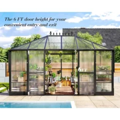 AMERLIFE 14x9.5x9 FT Polycarbonate Greenhouse, Aluminum Frame, Double Doors, 2 Vents, Rain Gutter