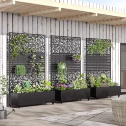 SpassWay 72"H Two-tone Patio Planter Box With Trellis Metal Raised Garden Bed Black Decorative Privacy Screen With Wheels