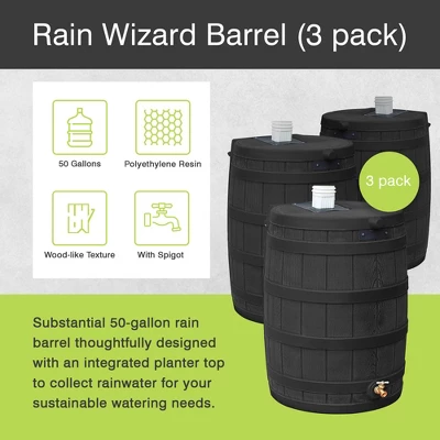 Good Ideas Rain Wizard 50 Gallon Plastic Outdoor Home Rain Barrel Water Storage Collector With Brass Spigot And Flat Back Design, Oak (3 Pack) 1 Good Ideas Rain Wizard 50 Gallon Plastic Outdoor Home Rain Barrel Water Storage Collector With Brass Spigot And Flat Back Design, Oak (3 Pack)
