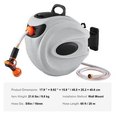VEVOR Retractable Hose Reel, 65 Ft X 5/8 Inch, 180° Swivel Bracket Wall-Mounted, Garden Water Hose Reel With 9-Pattern Nozzle, Automatic Rewind 7 VEVOR Retractable Hose Reel, 65 Ft X 5/8 Inch, 180° Swivel Bracket Wall-Mounted, Garden Water Hose Reel With 9-Pattern Nozzle, Automatic Rewind - Image 7