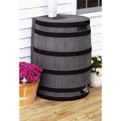 Good Ideas Rain Wizard 50 Gallon Plastic Outdoor Home Rain Barrel Water Storage Collector With Brass Spigot And Flat Back Design, Dark Oak