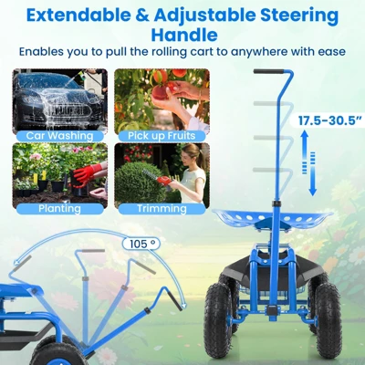 Tangkula Rolling Garden Cart Scooter W/ Adjustable Seat Storage Basket Tray Blue 3 Tangkula Rolling Garden Cart Scooter W/ Adjustable Seat Storage Basket Tray Blue - Image 3