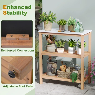 Tangkula 3-Tier Patio Garden Potting Bench Table W/ Acacia Wood 2 Slatted Shelves 5 Tangkula 3-Tier Patio Garden Potting Bench Table W/ Acacia Wood 2 Slatted Shelves - Image 5