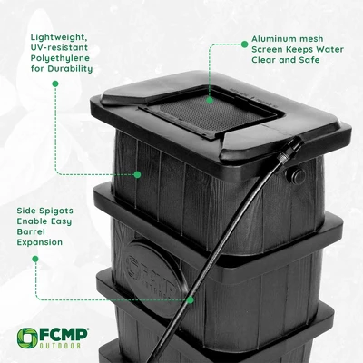 FCMP Outdoor WG4000-GRY Wood Grain Rain Barrel With Flat Back For Environmentally Friendly Watering Of Outdoor Plants, Gardens, And Landscapes, Black 2 FCMP Outdoor WG4000-GRY Wood Grain Rain Barrel With Flat Back For Environmentally Friendly Watering Of Outdoor Plants, Gardens, And Landscapes, Black - Image 2