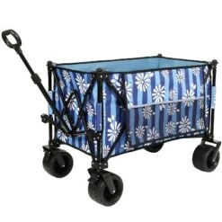 Heavy-Duty 480lbs Folding Wagon Cart With Bonus Picnic Mat - All-Terrain Beach Wheels, Drink Holders, Brakes & Side Pocket Blue Vertical Print