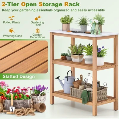 Tangkula 3-Tier Patio Garden Potting Bench Table W/ Acacia Wood 2 Slatted Shelves 6 Tangkula 3-Tier Patio Garden Potting Bench Table W/ Acacia Wood 2 Slatted Shelves - Image 6