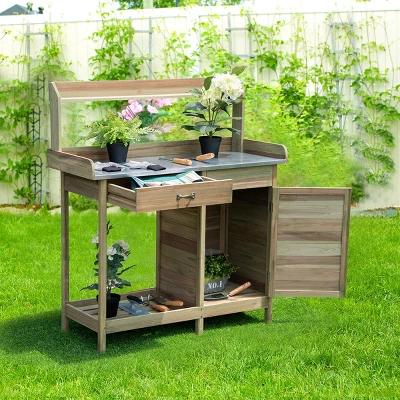 Costway Outdoor Potting Bench Garden Wooden Work Station Metal Tabletop Cabinet Drawer 3 Costway Outdoor Potting Bench Garden Wooden Work Station Metal Tabletop Cabinet Drawer - Image 3