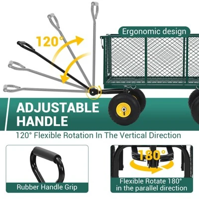 Heavy Duty Steel Garden Cart,550 LBS Capacity 3-in-1 Pullable Metal Wagon With 10" Pneumatic Wheels,180°Rotating Handle & Removable Sides, Green 3 Heavy Duty Steel Garden Cart,550 LBS Capacity 3-in-1 Pullable Metal Wagon With 10" Pneumatic Wheels,180°Rotating Handle & Removable Sides, Green - Image 3