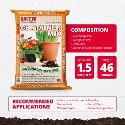 Michigan Peat Company BACCTO Container Mix, Indoor Outdoor Blend With Organic Peat, Starter & Nutrients For 6 Inch Or Larger Planters, 1.5 Cubic Feet 2 Michigan Peat Company BACCTO Container Mix, Indoor Outdoor Blend With Organic Peat, Starter & Nutrients For 6 Inch Or Larger Planters, 1.5 Cubic Feet - Image 2