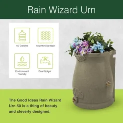 Good Ideas Rain Wizard 50 Gallon Rain Saver Barrel Water Storage Urn With Planter Space And 2 Brass Spigots, Sandstone (3 Pack)