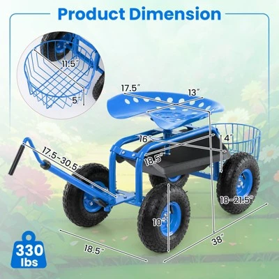 Tangkula Rolling Garden Cart Scooter W/ Adjustable Seat Storage Basket Tray Blue 8 Tangkula Rolling Garden Cart Scooter W/ Adjustable Seat Storage Basket Tray Blue - Image 8