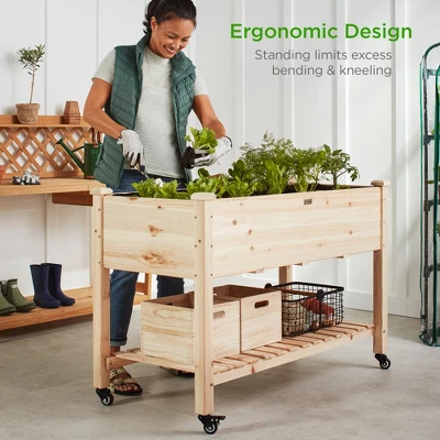 Best Choice Products Raised Garden Bed 48x23x32in Wood Mobile Elevated Planter W/ Wheel Locks, Shelf, Liner 6 Best Choice Products Raised Garden Bed 48x23x32in Wood Mobile Elevated Planter W/ Wheel Locks, Shelf, Liner - Image 6