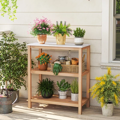 Tangkula 3-Tier Patio Garden Potting Bench Table W/ Acacia Wood 2 Slatted Shelves 1 Tangkula 3-Tier Patio Garden Potting Bench Table W/ Acacia Wood 2 Slatted Shelves