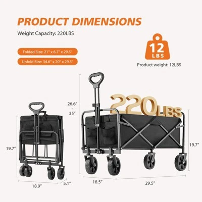 FURNIinspire Wheelbarrows And Lawn Carts Collapsible Folding Wagon Car, Heavy Duty Utility Wagon With All-Terrain Wheels, Black, 18.5"*29.5"*35" 2 FURNIinspire Wheelbarrows And Lawn Carts Collapsible Folding Wagon Car, Heavy Duty Utility Wagon With All-Terrain Wheels, Black, 18.5"*29.5"*35" - Image 2