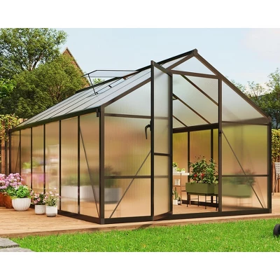 8x12FT Aluminum Greenhouse With Roof Vent Ground Nails Lockable Push Door Large Walk-in Green House For Outside Garden Backyard Patio Lawn 3 8x12FT Aluminum Greenhouse With Roof Vent Ground Nails Lockable Push Door Large Walk-in Green House For Outside Garden Backyard Patio Lawn - Image 3