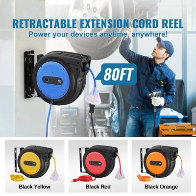 VEVOR Retractable Extension Cord Reel, 80 FT, Heavy Duty 12AWG/3C SJTOW Retractable Power Cord With Lighted Triple Tap Outlet, Black 2 VEVOR Retractable Extension Cord Reel, 80 FT, Heavy Duty 12AWG/3C SJTOW Retractable Power Cord With Lighted Triple Tap Outlet, Black - Image 2