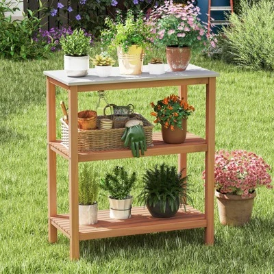 Tangkula 3-Tier Patio Garden Potting Bench Table W/ Acacia Wood 2 Slatted Shelves 3 Tangkula 3-Tier Patio Garden Potting Bench Table W/ Acacia Wood 2 Slatted Shelves - Image 3