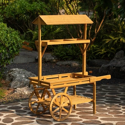 Vintiquewise Wooden 3 Tier Rolling Table Cart With 2 Wheels For Home Decor, Display Rack, Lemonade Stand, Food Stand, Or Tea Stall 1 Vintiquewise Wooden 3 Tier Rolling Table Cart With 2 Wheels For Home Decor, Display Rack, Lemonade Stand, Food Stand, Or Tea Stall