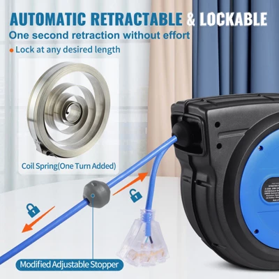 VEVOR Retractable Extension Cord Reel, 80 FT, Heavy Duty 12AWG/3C SJTOW Retractable Power Cord With Lighted Triple Tap Outlet, Black 5 VEVOR Retractable Extension Cord Reel, 80 FT, Heavy Duty 12AWG/3C SJTOW Retractable Power Cord With Lighted Triple Tap Outlet, Black - Image 5