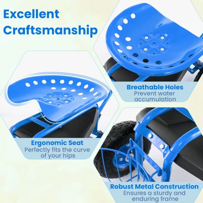 Tangkula Rolling Garden Cart Scooter W/ Adjustable Seat Storage Basket Tray Blue 7 Tangkula Rolling Garden Cart Scooter W/ Adjustable Seat Storage Basket Tray Blue - Image 7