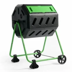FCMP Outdoor HOTFROG 37 Gallon Plastic Dual Chamber Tumbling Composter Outdoor Elevated Rotating Garden Compost Bin, Green/Black
