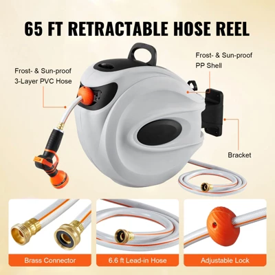 VEVOR Retractable Hose Reel, 65 Ft X 5/8 Inch, 180° Swivel Bracket Wall-Mounted, Garden Water Hose Reel With 9-Pattern Nozzle, Automatic Rewind 6 VEVOR Retractable Hose Reel, 65 Ft X 5/8 Inch, 180° Swivel Bracket Wall-Mounted, Garden Water Hose Reel With 9-Pattern Nozzle, Automatic Rewind - Image 6
