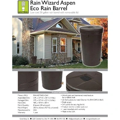 Good Ideas Aspen ECO 50 Gallon Capacity Rain Barrel Water Storage Collector Saver With Brass Spigot And Removable Lid, Oak Brown 2 Good Ideas Aspen ECO 50 Gallon Capacity Rain Barrel Water Storage Collector Saver With Brass Spigot And Removable Lid, Oak Brown - Image 2
