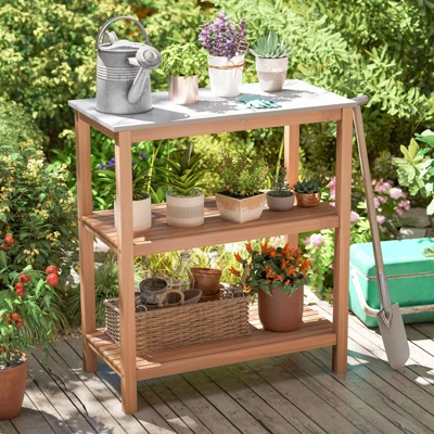 Tangkula 3-Tier Patio Garden Potting Bench Table W/ Acacia Wood 2 Slatted Shelves 2 Tangkula 3-Tier Patio Garden Potting Bench Table W/ Acacia Wood 2 Slatted Shelves - Image 2