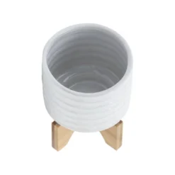 6" Ceramic Planter On Stand White Stripe - Sagebrook Home -D'Eco Store GUEST 5e781242 4942 40ab 9a03 a5c92392208a