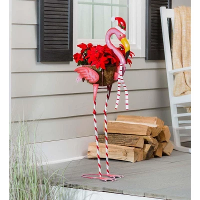 Evergreen 39"H Metal Winter Flamingo Planter W/Santa Hat 1 Evergreen 39"H Metal Winter Flamingo Planter W/Santa Hat