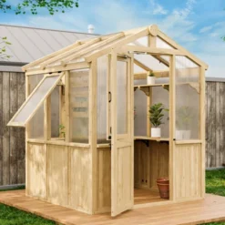 EAGLE PEAK Wooden Polycarbonate Walk-in Greenhouse, Cedar Hobby Green House With Roof Vent -D'Eco Store GUEST 636693e5 244a 47e1 a64a 35f8e8c25427