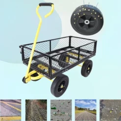 FURNIinspire Wheelbarrows And Lawn Carts Tools Cart Wagon Cart, Garden Cart Trucks With Solid Wheels And Yellow Handle, Black, 37“*19"*40" -D'Eco Store GUEST 65912bf0 7f93 46ba aa6d 2df848a30da5