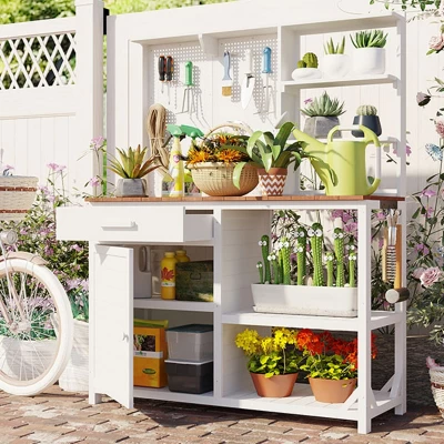 Outdoor Potting Bench, Garden Workstation For Planting, Potting Bench With Shelves And Adjustable Storage, Wood Potting Bench-Coolbibila 9 Outdoor Potting Bench, Garden Workstation For Planting, Potting Bench With Shelves And Adjustable Storage, Wood Potting Bench-Coolbibila - Image 9