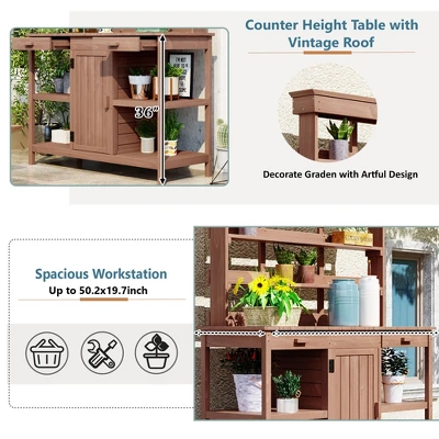 Whisen Outdoor Farmhouse Wooden Potting Bench Table, Garden Workstation With Drawers, Cabinet And Open Shelves 1 Whisen Outdoor Farmhouse Wooden Potting Bench Table, Garden Workstation With Drawers, Cabinet And Open Shelves