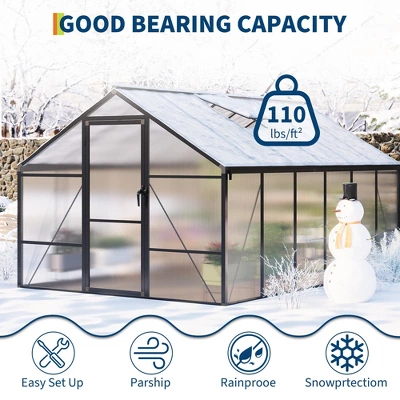 8x12FT Aluminum Greenhouse With Roof Vent Ground Nails Lockable Push Door Large Walk-in Green House For Outside Garden Backyard Patio Lawn 6 8x12FT Aluminum Greenhouse With Roof Vent Ground Nails Lockable Push Door Large Walk-in Green House For Outside Garden Backyard Patio Lawn - Image 6