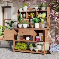 50”W Garden Potting Bench Table, Outdoor Patio Workstation With Hutch, Drawer And Adjustable Shelves, Fir Wood Frame, Brown/White/Natural-ModernLuxe -D'Eco Store GUEST 7300e10c 8040 4a51 a73e 812cd799be53