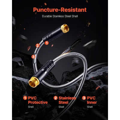 VEVOR Metal Garden Hose 75 Ft, Rust Proof Stainless Steel Water Hose, Heavy Duty Backyard Hose With 10 Function Nozzle, Silver 2 VEVOR Metal Garden Hose 75 Ft, Rust Proof Stainless Steel Water Hose, Heavy Duty Backyard Hose With 10 Function Nozzle, Silver - Image 2