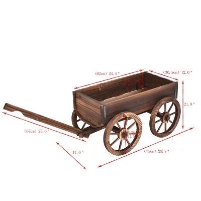 Costway Wood Wagon Flower Planter Pot Stand W/Wheels Home Garden Outdoor Decor 2 Costway Wood Wagon Flower Planter Pot Stand W/Wheels Home Garden Outdoor Decor - Image 2
