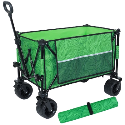 Heavy-Duty 480lbs Folding Wagon Cart With Bonus Picnic Mat - All-Terrain Beach Wheels, Drink Holders, Brakes & Side Pocket Green Line 7 Heavy-Duty 480lbs Folding Wagon Cart With Bonus Picnic Mat - All-Terrain Beach Wheels, Drink Holders, Brakes & Side Pocket Green Line - Image 7