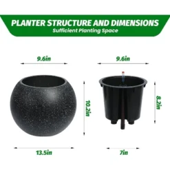 10.2" H X 13.5" Dia (10" Opening) Round Self-Watering Indoor Plant Pots With Drainage & Water Level Monitor, White Dot Design
