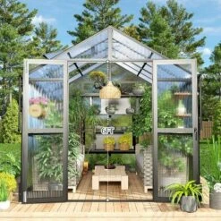 AMERLIFE Polycarbonate Greenhouse, Aluminum Frame With Vents, Rain Gutter