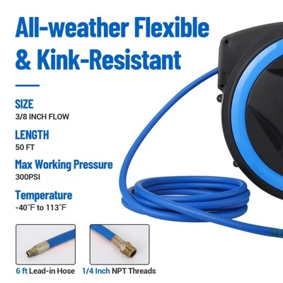 Wall Mount Air Hose Reel Retractable - Auto Rewind Compressor Hose Reel With 180° Swivel, 300 PSI Hybrid Hose, 1/4" Out, 3/8" In (PP) 2 Wall Mount Air Hose Reel Retractable - Auto Rewind Compressor Hose Reel With 180° Swivel, 300 PSI Hybrid Hose, 1/4" Out, 3/8" In (PP) - Image 2