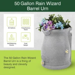 Good Ideas Rain Wizard 50 Gallon Rain Saver Barrel Water Storage Urn With Planter Space And 2 Brass Spigots, Light Granite (2 Pack)