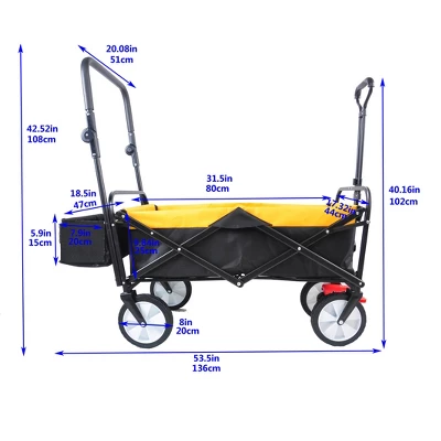 FURNIinspire Wheelbarrows And Lawn Carts Folding Wagon Cart, Collapsible Outdoor Utility Cart With Handle, Yellow, 53.5“*47"*42.52" 2 FURNIinspire Wheelbarrows And Lawn Carts Folding Wagon Cart, Collapsible Outdoor Utility Cart With Handle, Yellow, 53.5“*47"*42.52" - Image 2