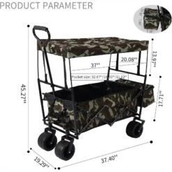 Acekool Foldable Outdoor Utility Wagon With Canopy, 262lbs Capacity, 7" All-Terrain Wheels, Pockets, Portable Cart For Beach, Camping, Garden