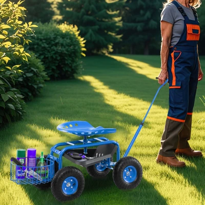 Tangkula Rolling Garden Cart Scooter W/ Adjustable Seat Storage Basket Tray Blue 2 Tangkula Rolling Garden Cart Scooter W/ Adjustable Seat Storage Basket Tray Blue - Image 2