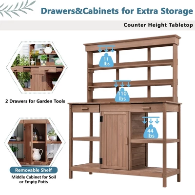 Whisen Outdoor Farmhouse Wooden Potting Bench Table, Garden Workstation With Drawers, Cabinet And Open Shelves 2 Whisen Outdoor Farmhouse Wooden Potting Bench Table, Garden Workstation With Drawers, Cabinet And Open Shelves - Image 2
